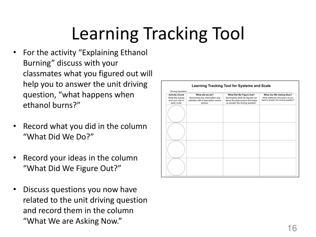 learning tracking tool for the activity