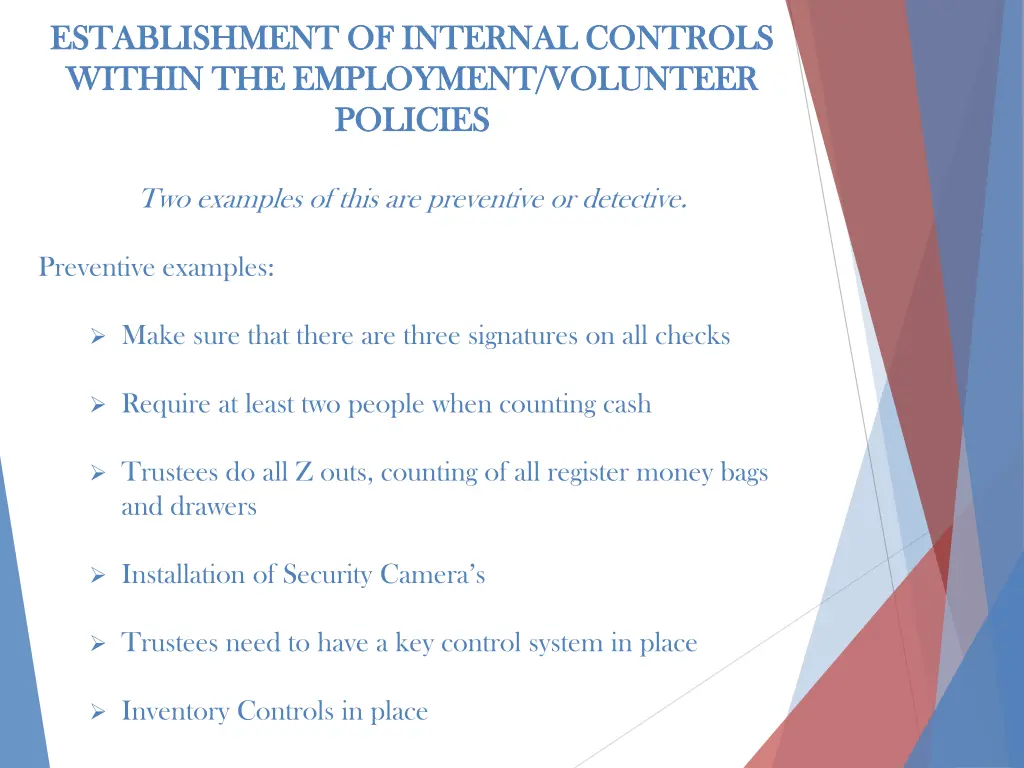 establishment of internal controls establishment