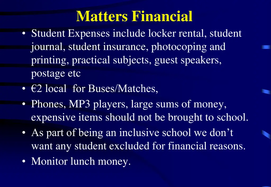 matters financial student expenses include locker