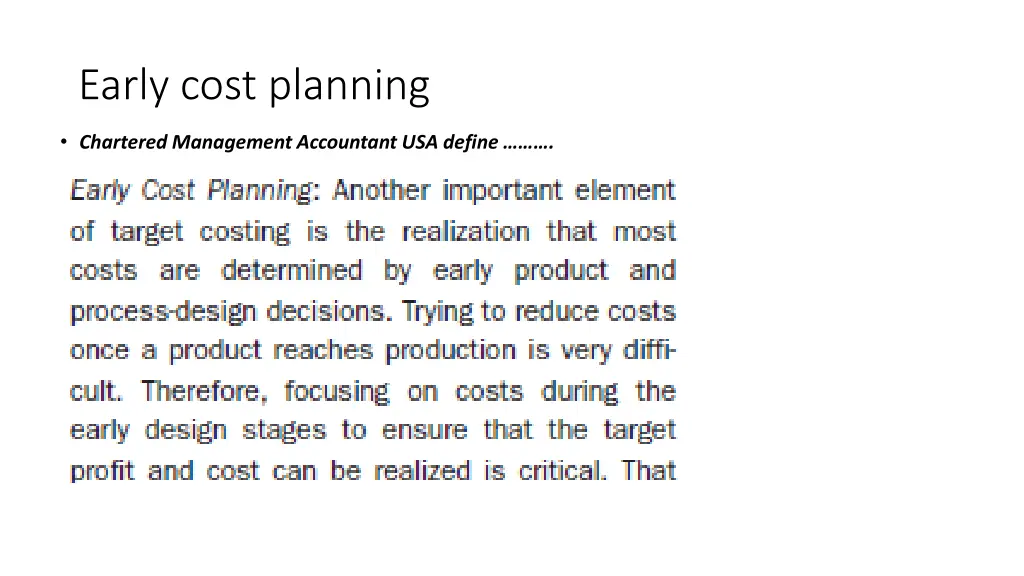 early cost planning