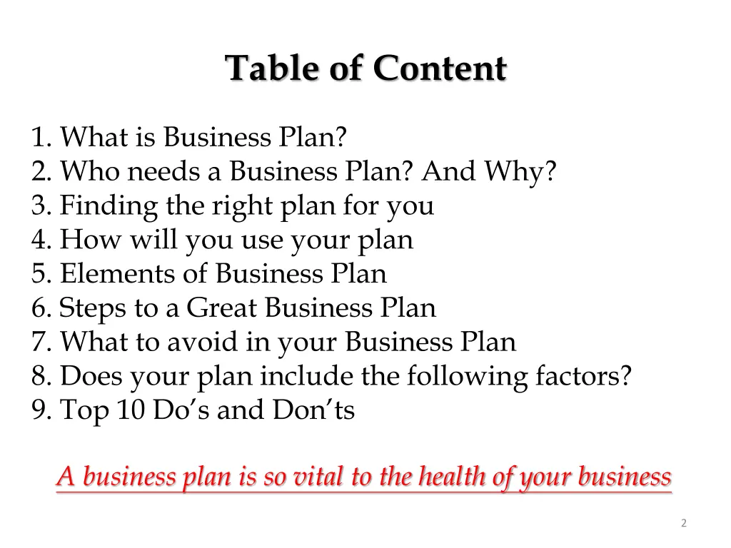 table of content