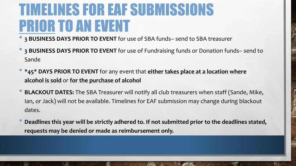 timelines for eaf submissions prior to an event