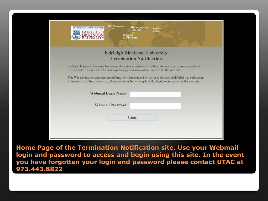 home page of the termination notification site