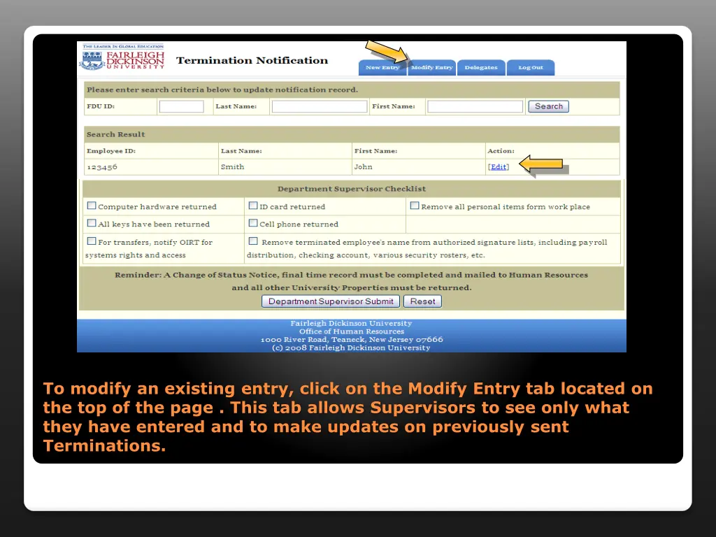 to modify an existing entry click on the modify