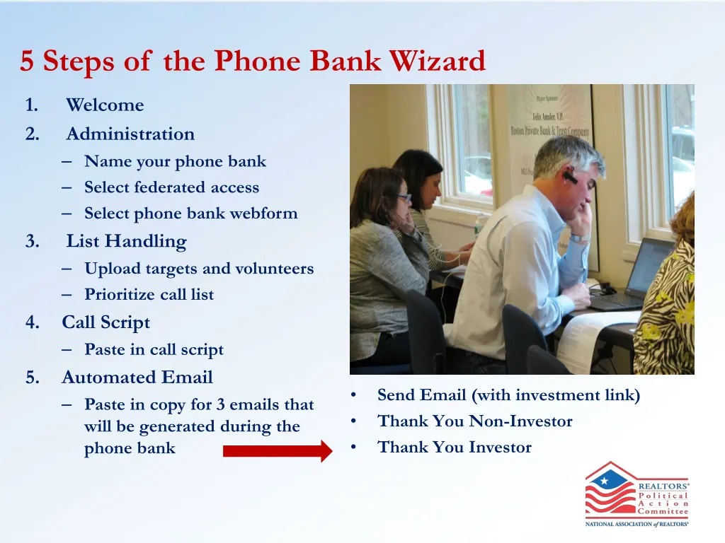 5 steps of the phone bank wizard