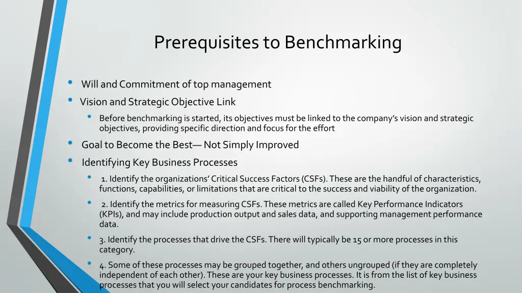 prerequisites to benchmarking