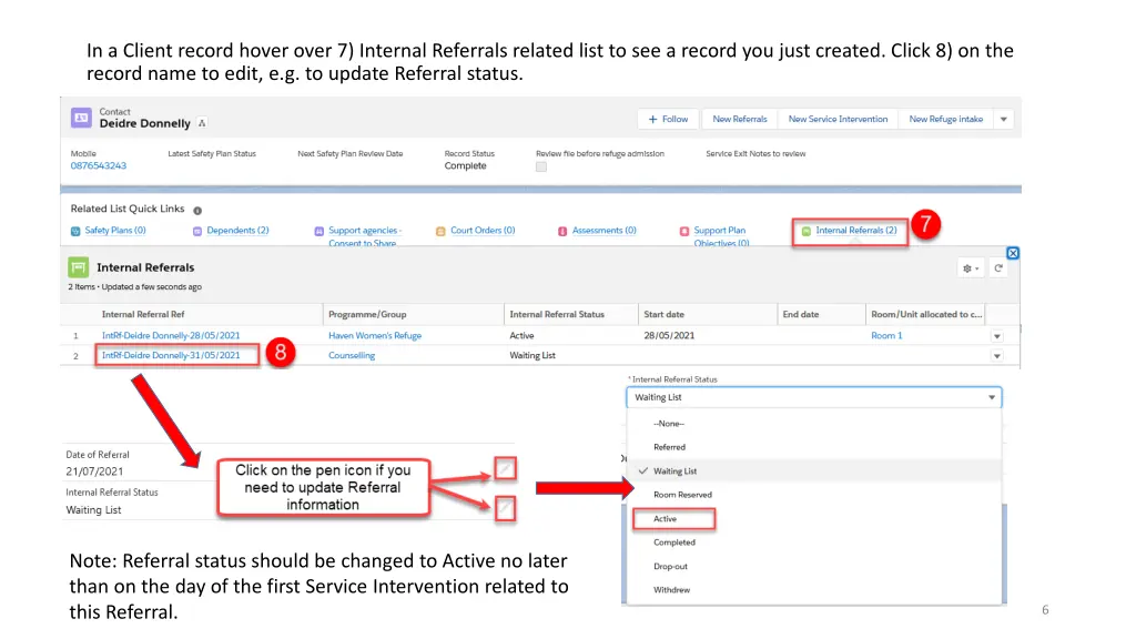 in a client record hover over 7 internal