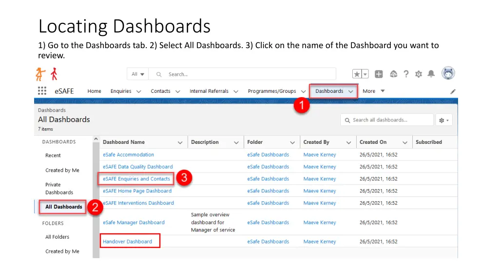 locating dashboards 1 go to the dashboards