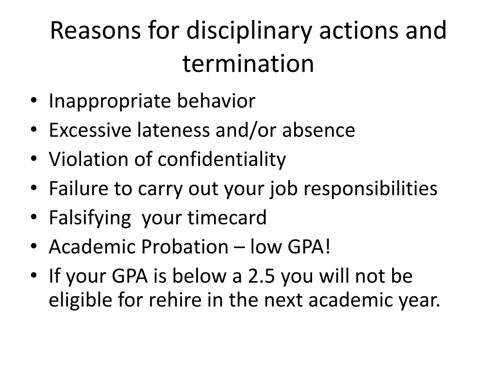 reasons for disciplinary actions and termination