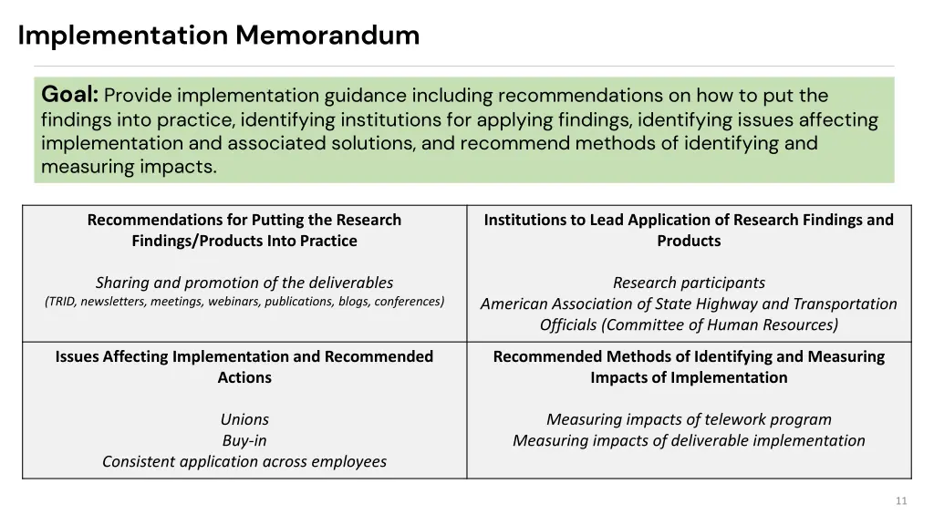 implementation memorandum