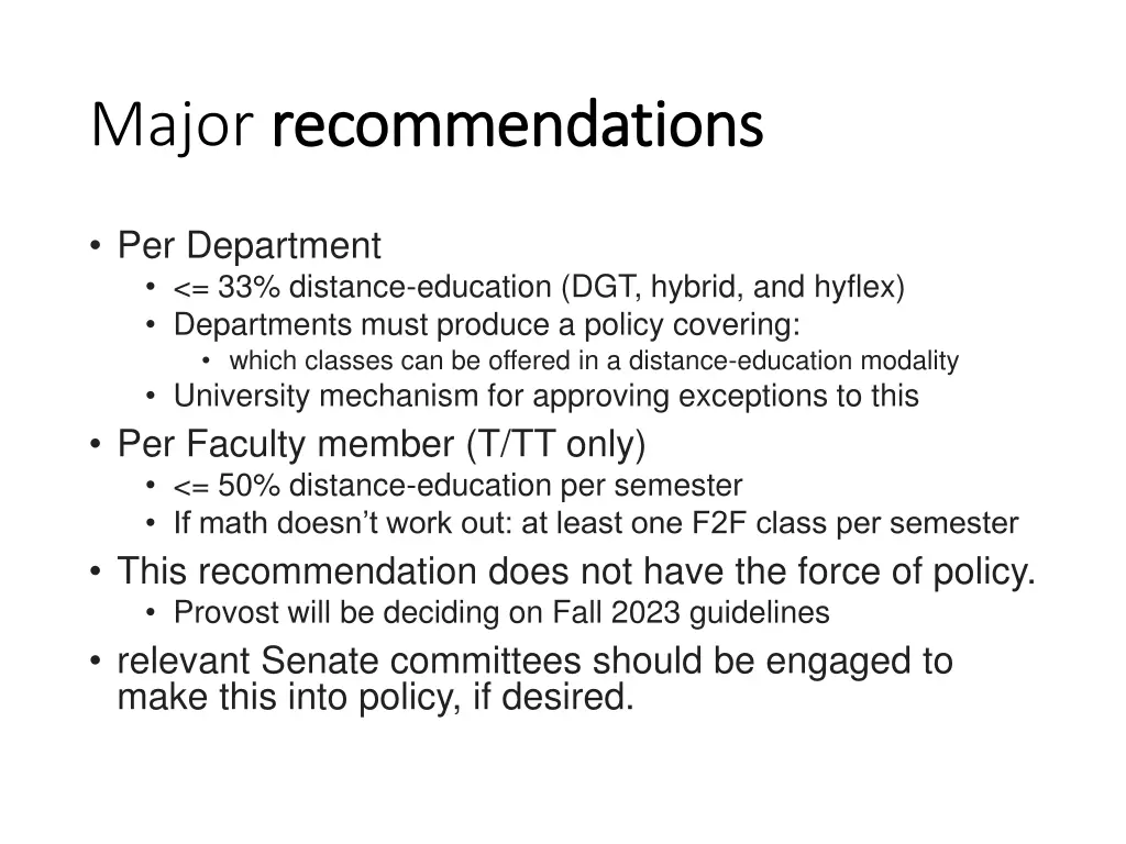 major recommendations recommendations