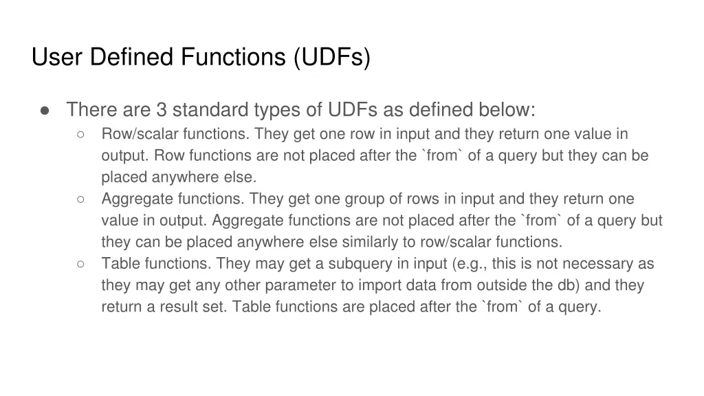 user defined functions udfs