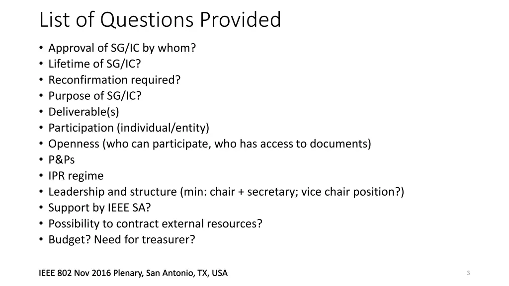 list of questions provided