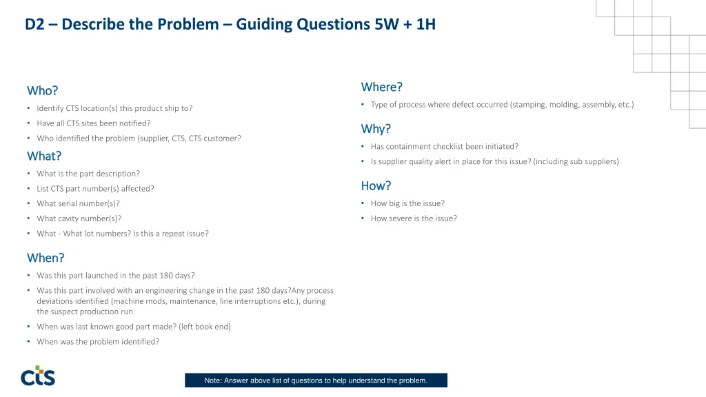d2 describe the problem guiding questions 5w 1h