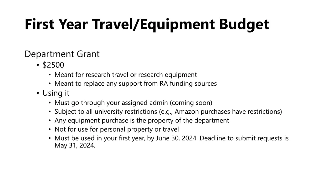 first year travel equipment budget