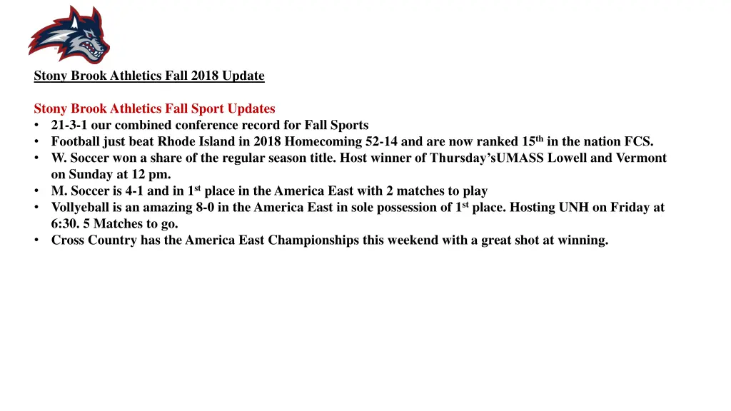 stony brook athletics fall 2018 update