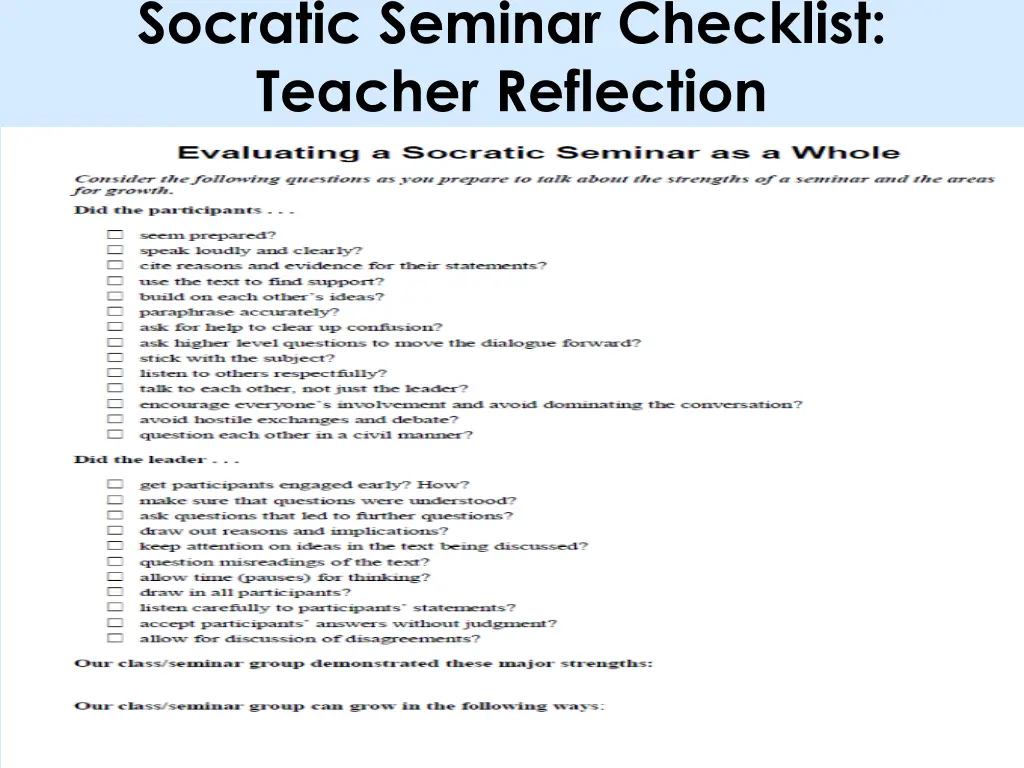 socratic seminar checklist teacher reflection