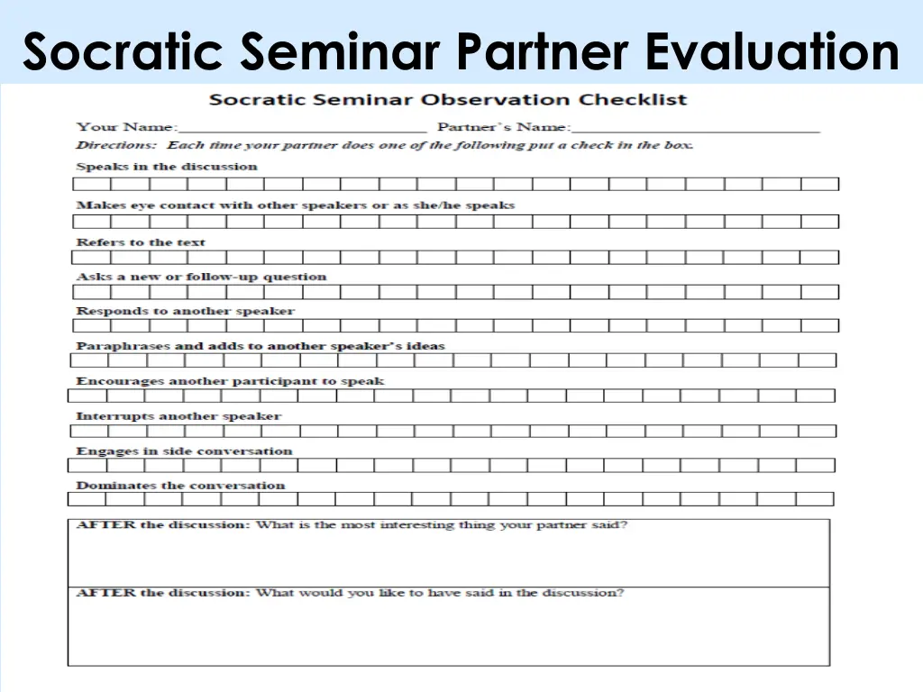 socratic seminar partner evaluation