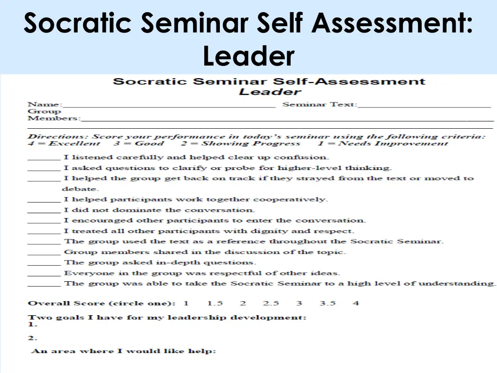 socratic seminar self assessment leader