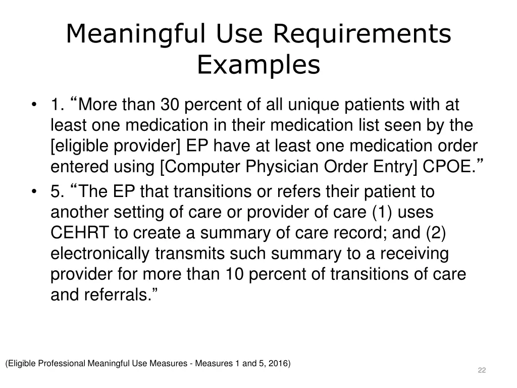 meaningful use requirements examples