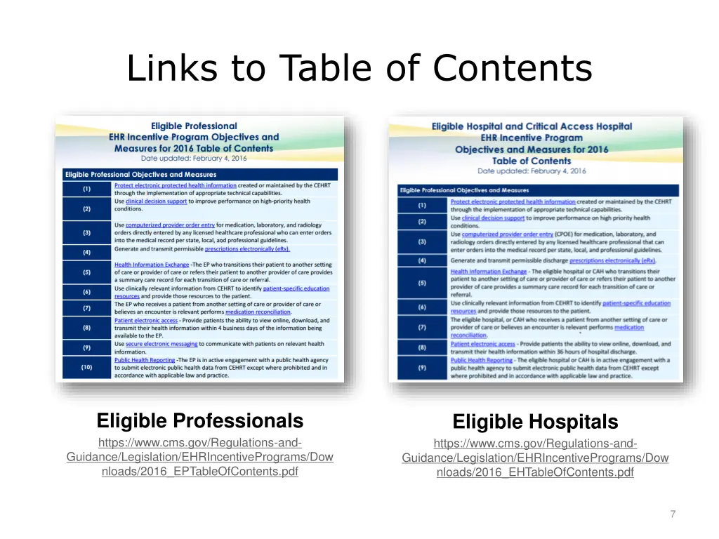 links to table of contents