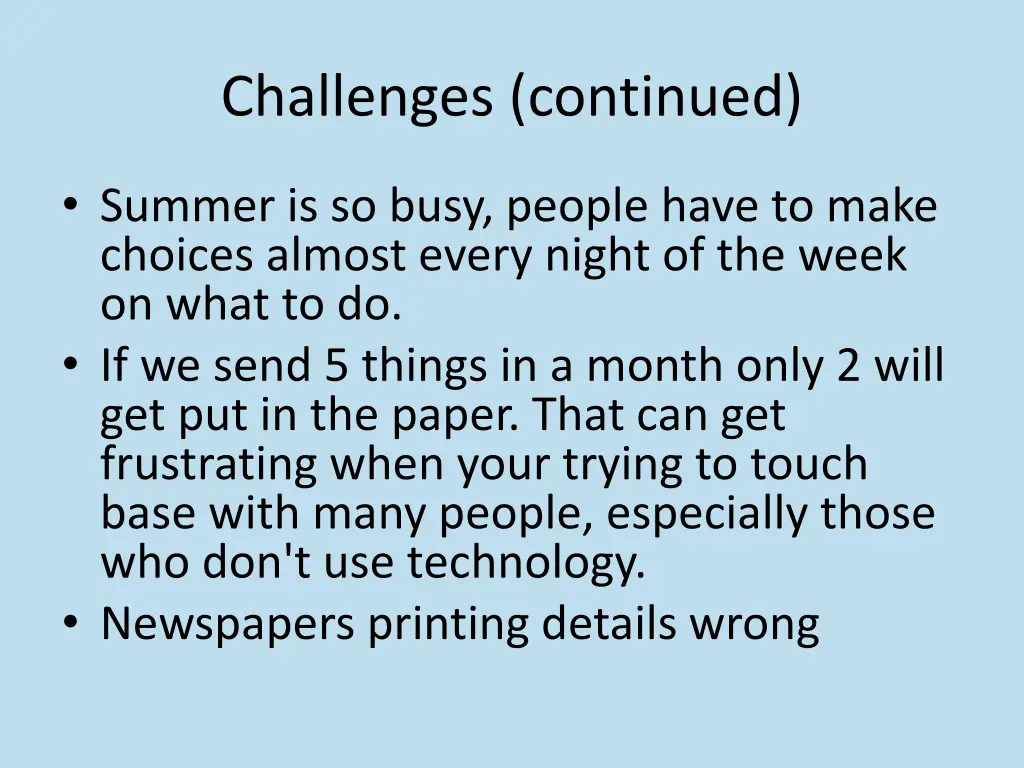 challenges continued