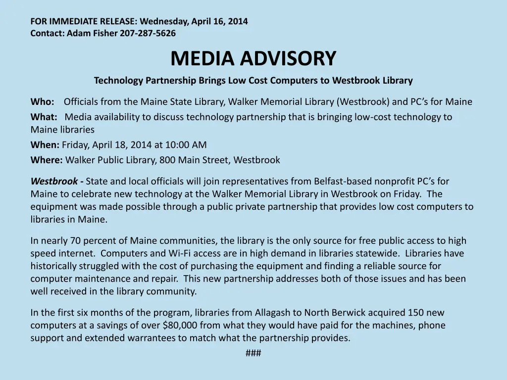 for immediate release wednesday april 16 2014