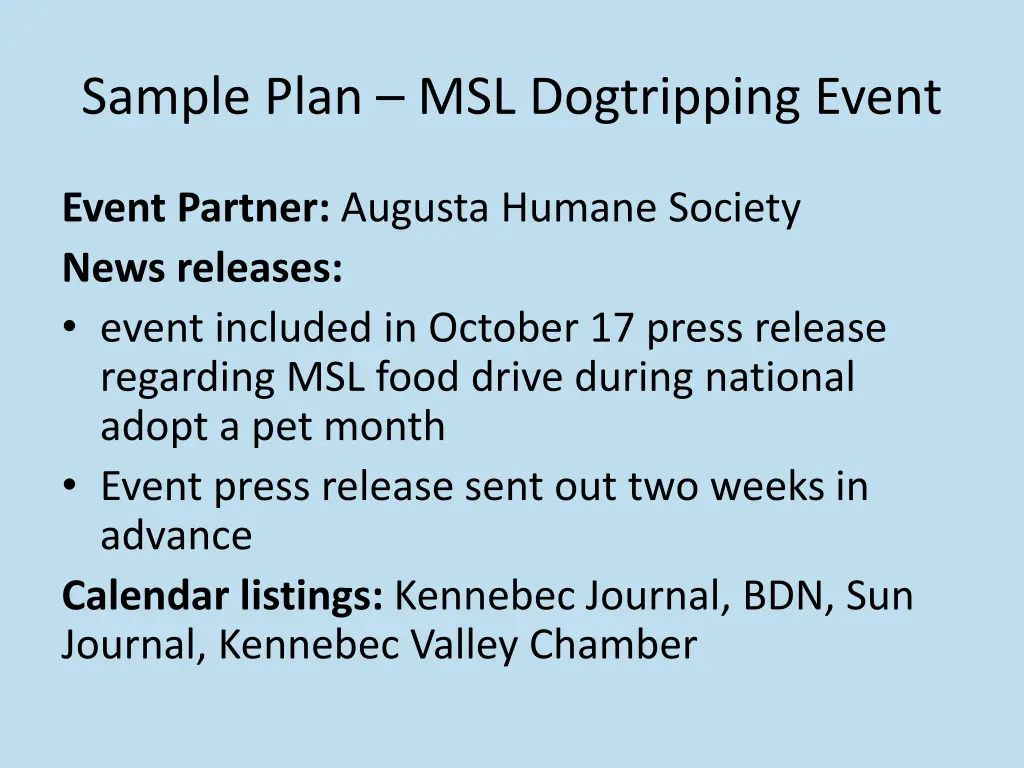 sample plan msl dogtripping event