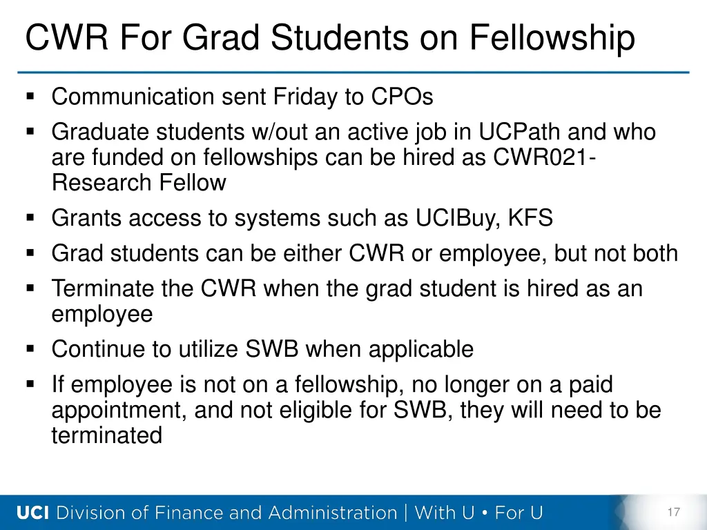 cwr for grad students on fellowship