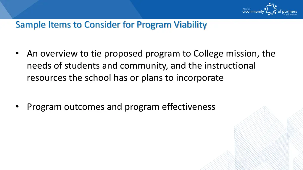 sample items to consider for program viability