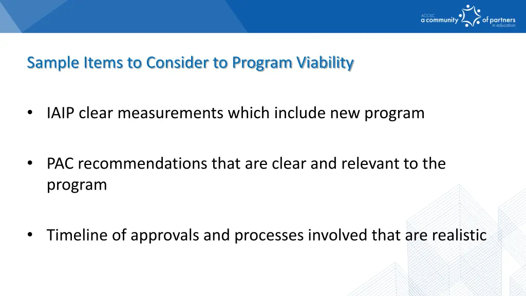 sample items to consider to program viability