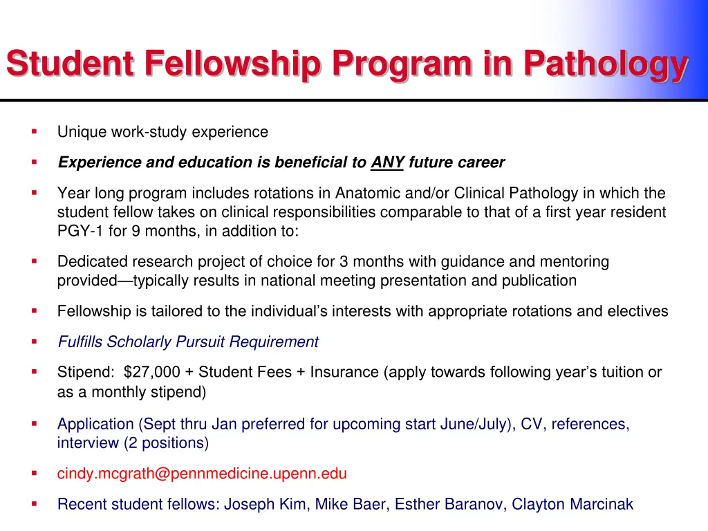 student fellowship program in pathology
