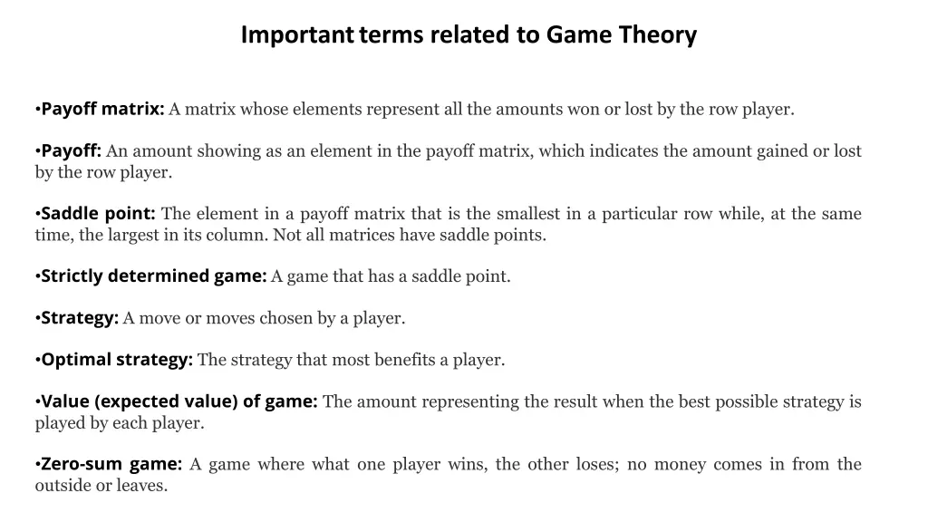 important terms related to game theory