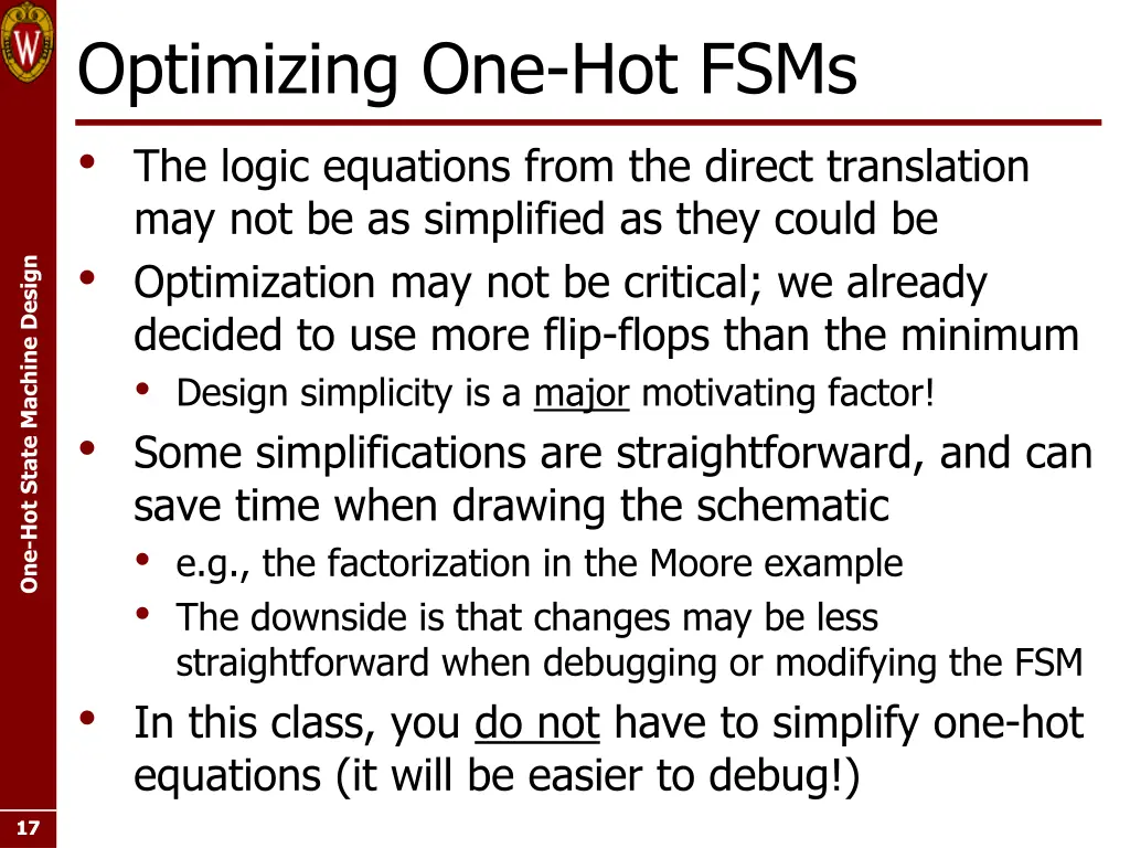 optimizing one hot fsms the logic equations from