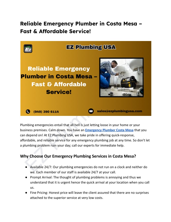 reliable emergency plumber in costa mesa fast