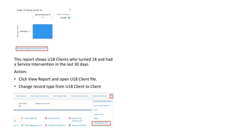 this report shows u18 clients who turned