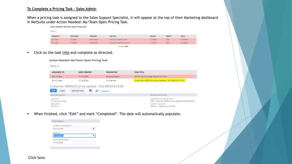 to complete a pricing task sales admin