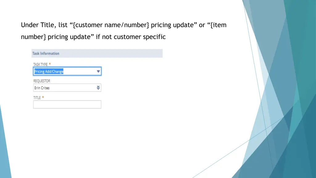 under title list customer name number pricing