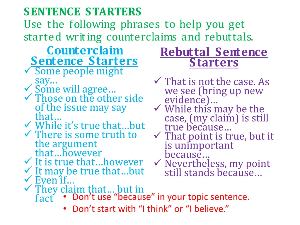 sentence starters use the following phrases