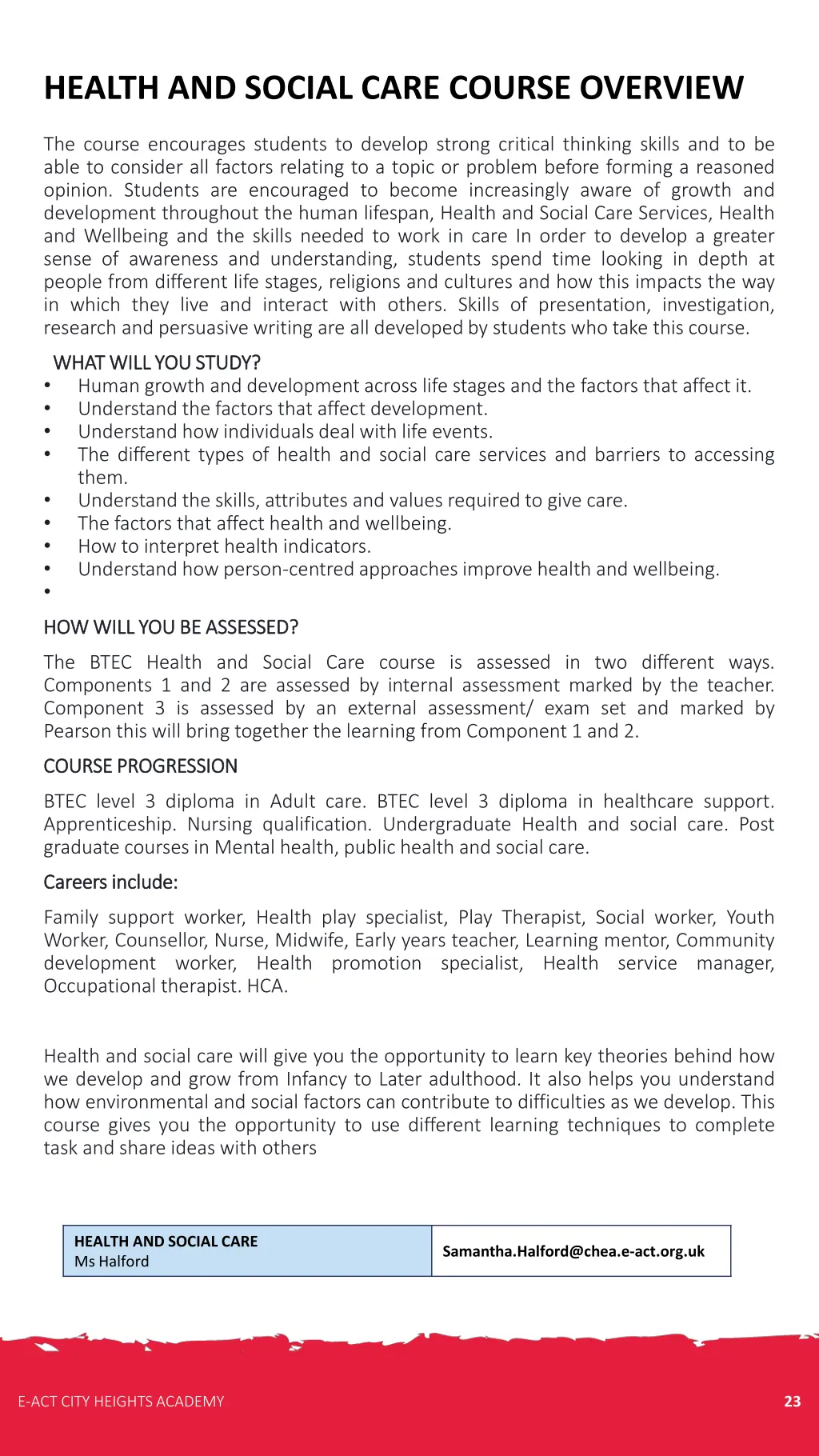 health and social care course overview