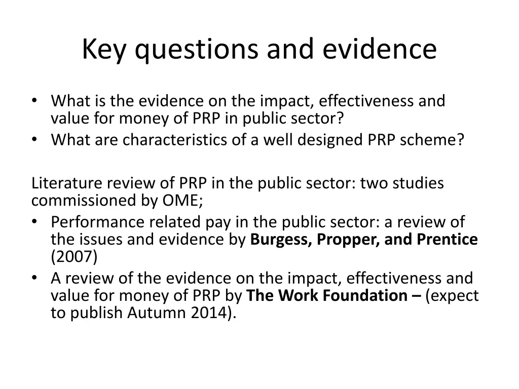 key questions and evidence