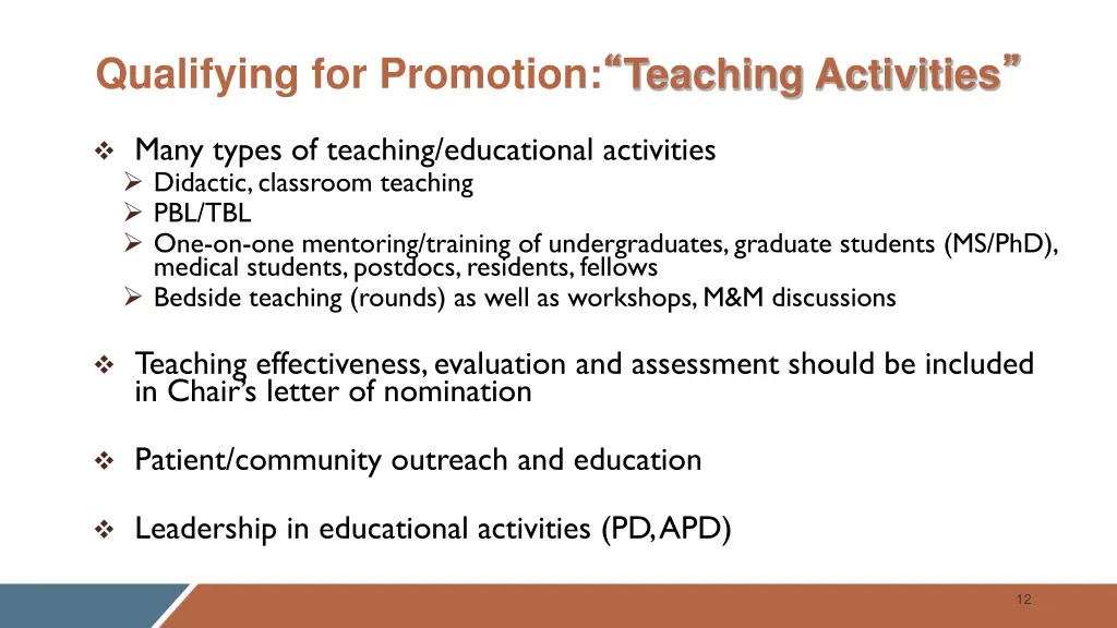 qualifying for promotion teaching activities