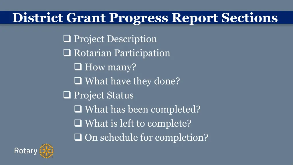district grant progress report sections