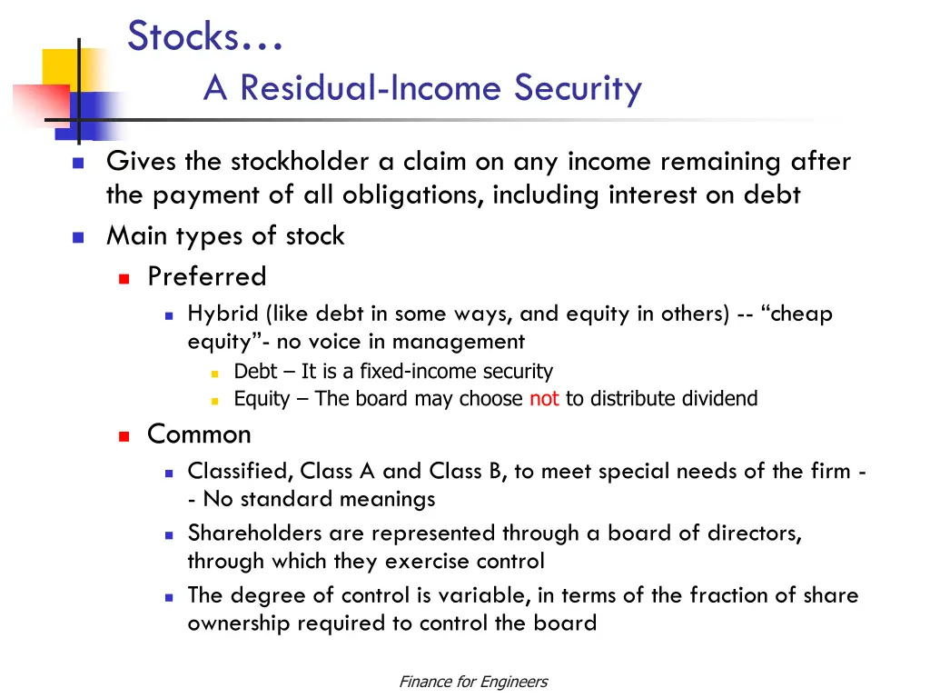 stocks a residual income security