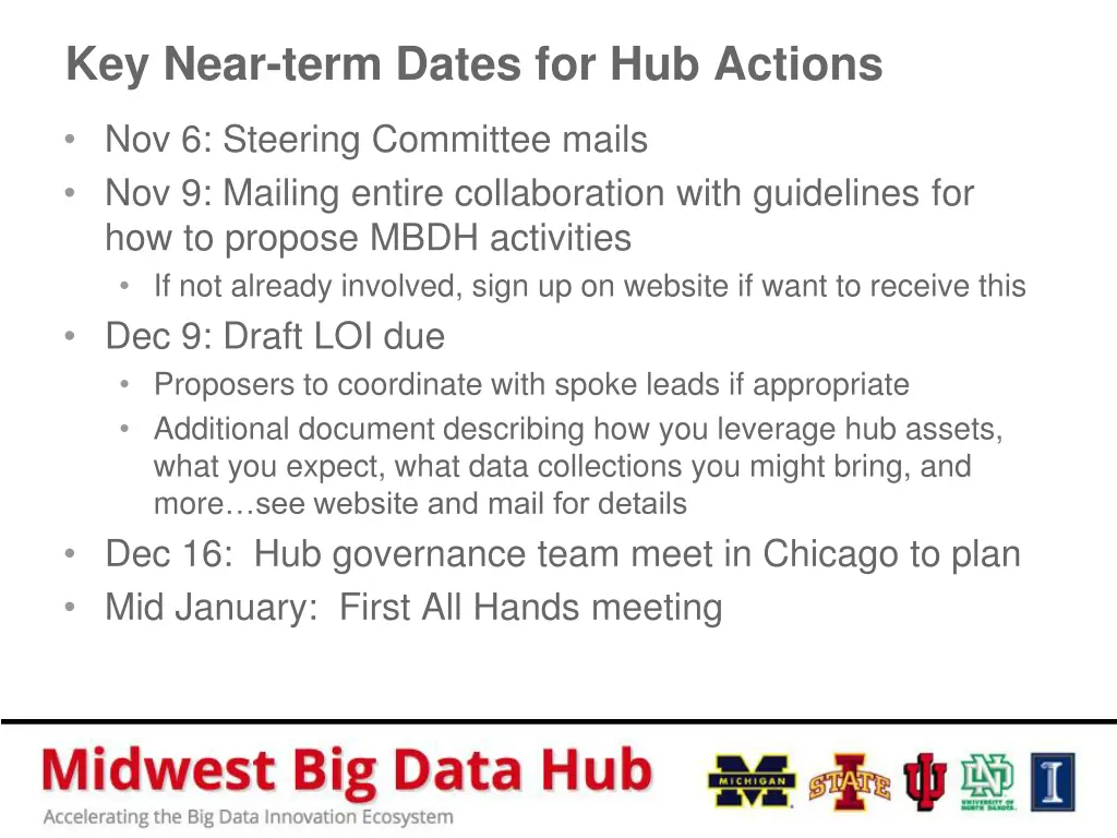 key near term dates for hub actions