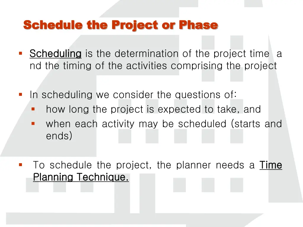 schedule the project or phase schedule