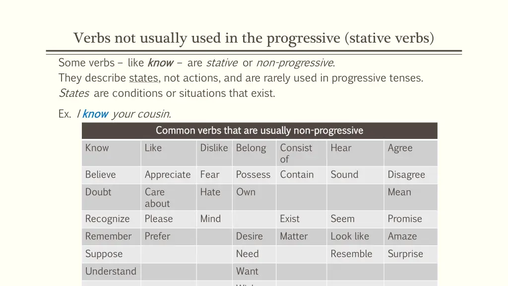 verbs not usually used in the progressive stative