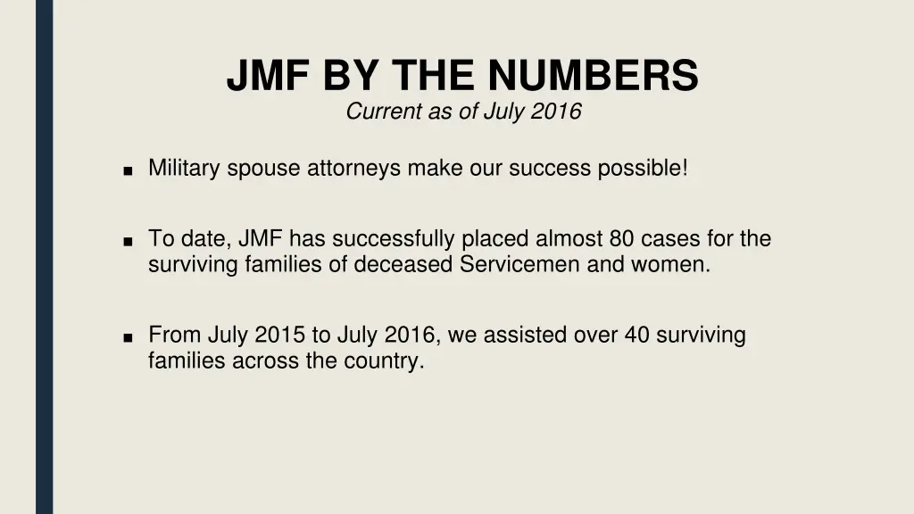 jmf by the numbers current as of july 2016