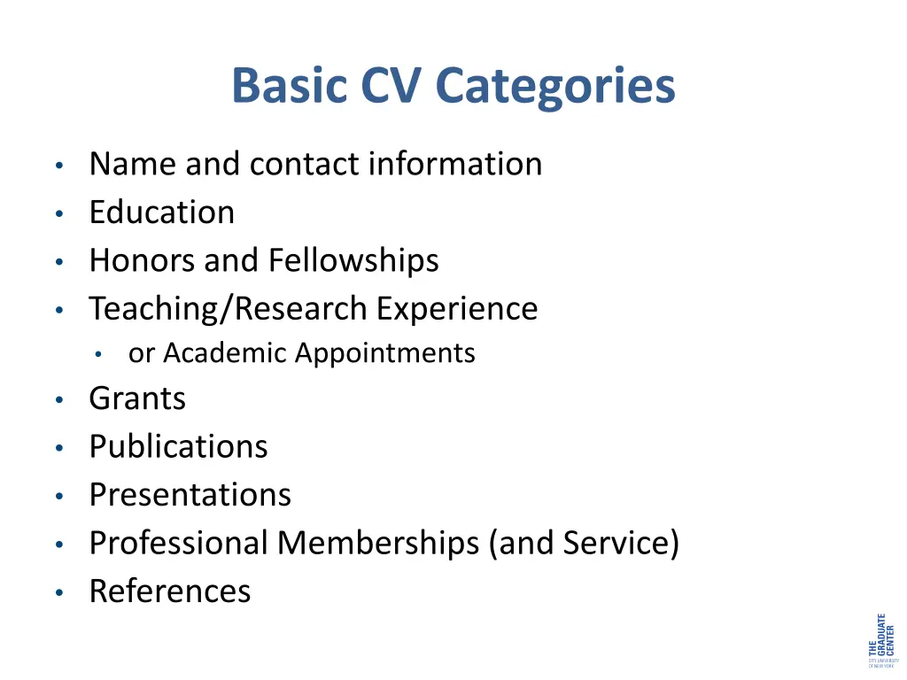 basic cv categories