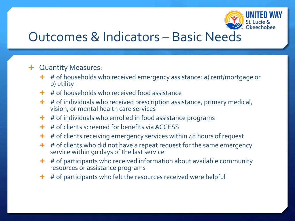 outcomes indicators basic needs